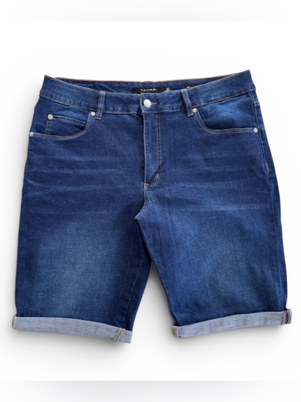 Tahari Mia Bermuda Roll Cuff Mid Rise Shorts Dark Wash Women's Size 16/33